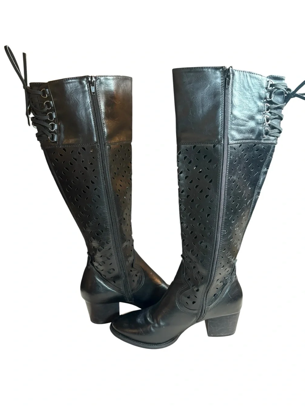 Over-the-Knee Black Laser-Cut Women's Boots
